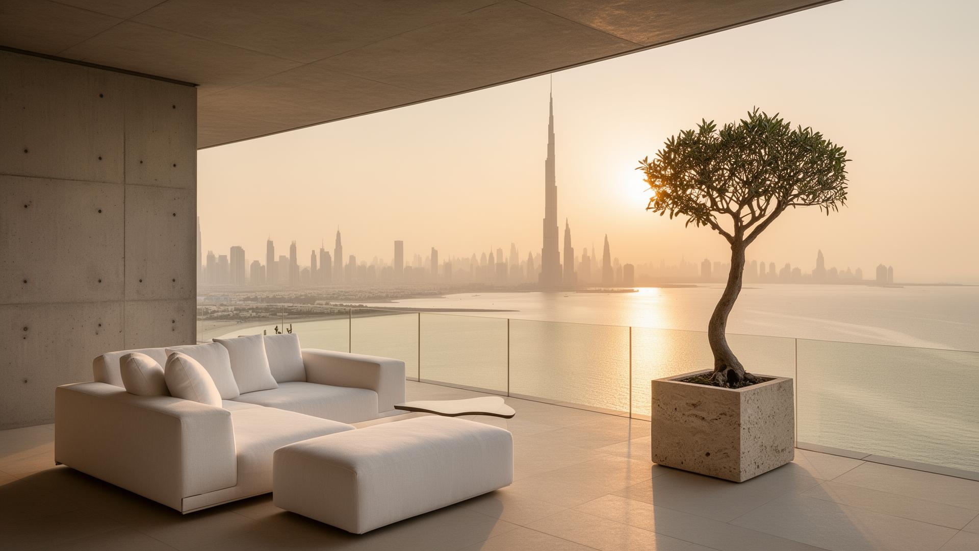 Private terrace overlooking Dubai at golden hour