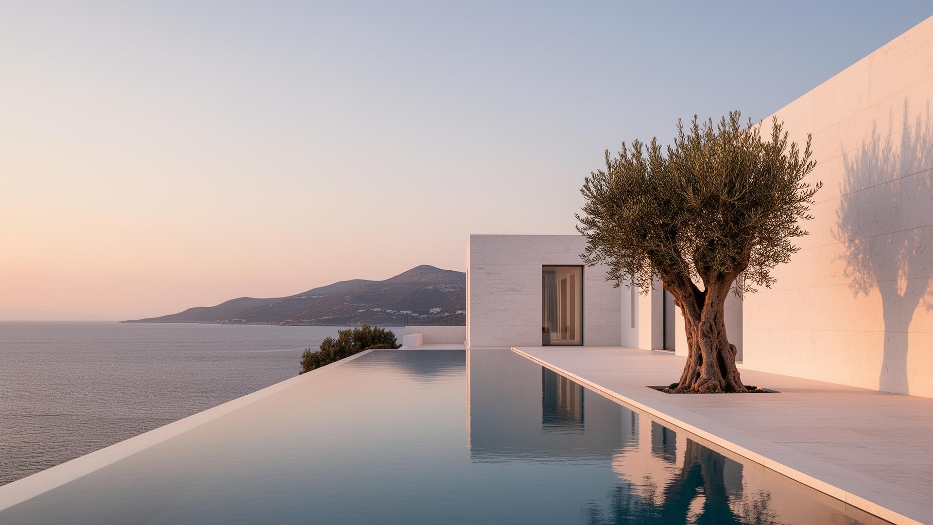 A minimalist white villa with an infinity pool and an olive tree at dusk